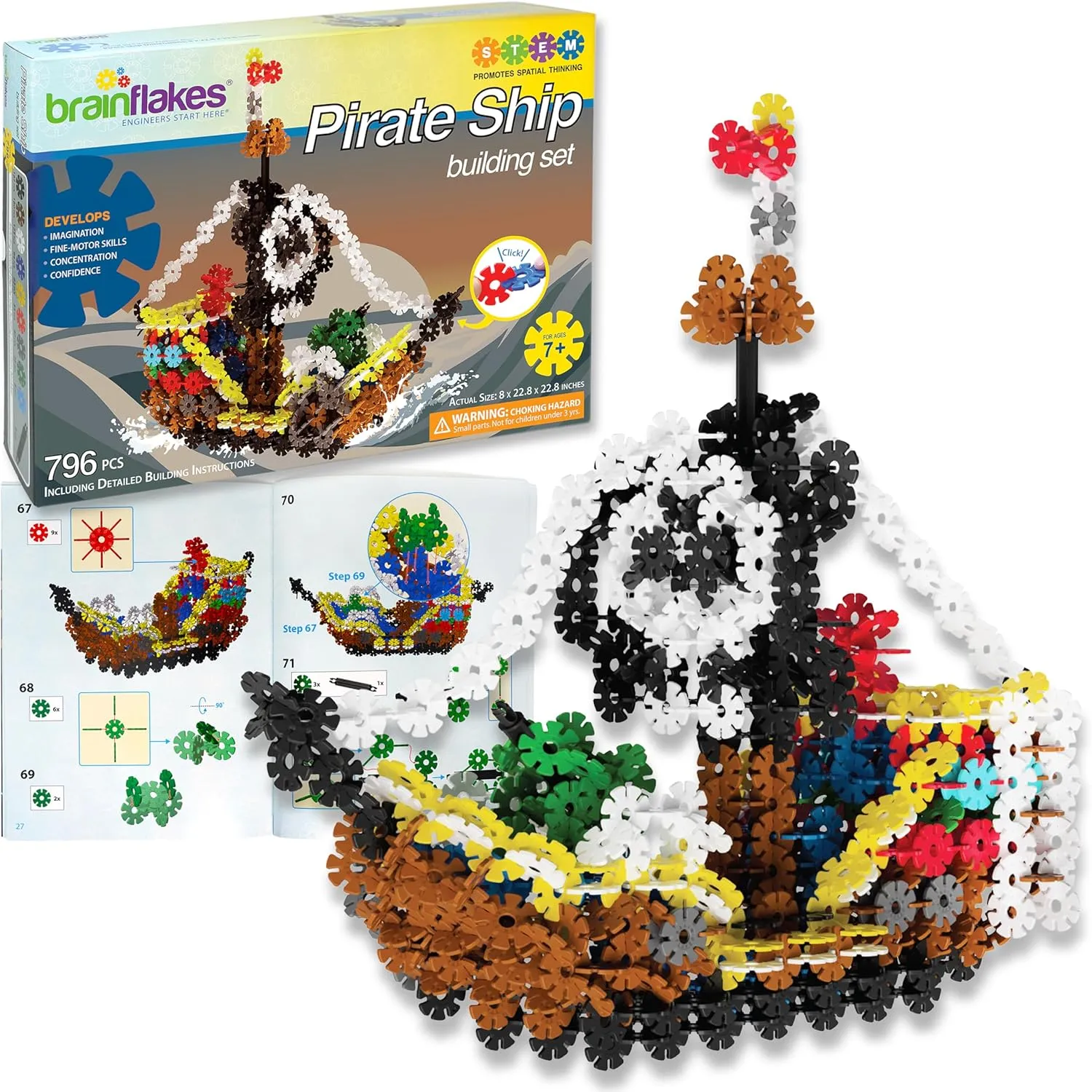 Brain Flakes Pirate Ship Building Set with Detailed Step by Step Instructions Booklet - 796 Pieces
