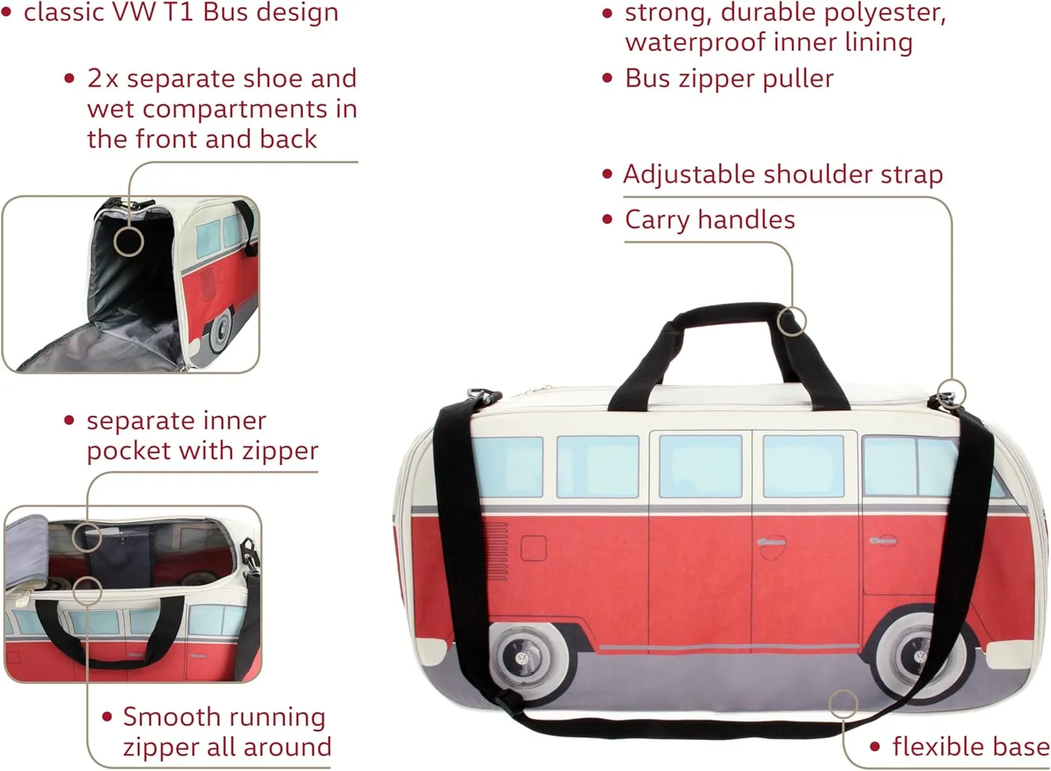 BRISA VW Collection - Volkswagen Samba Bus T1 Camper Van Sport, Gym, Travel Bag, Duffel with Shoe & Wet Compartment