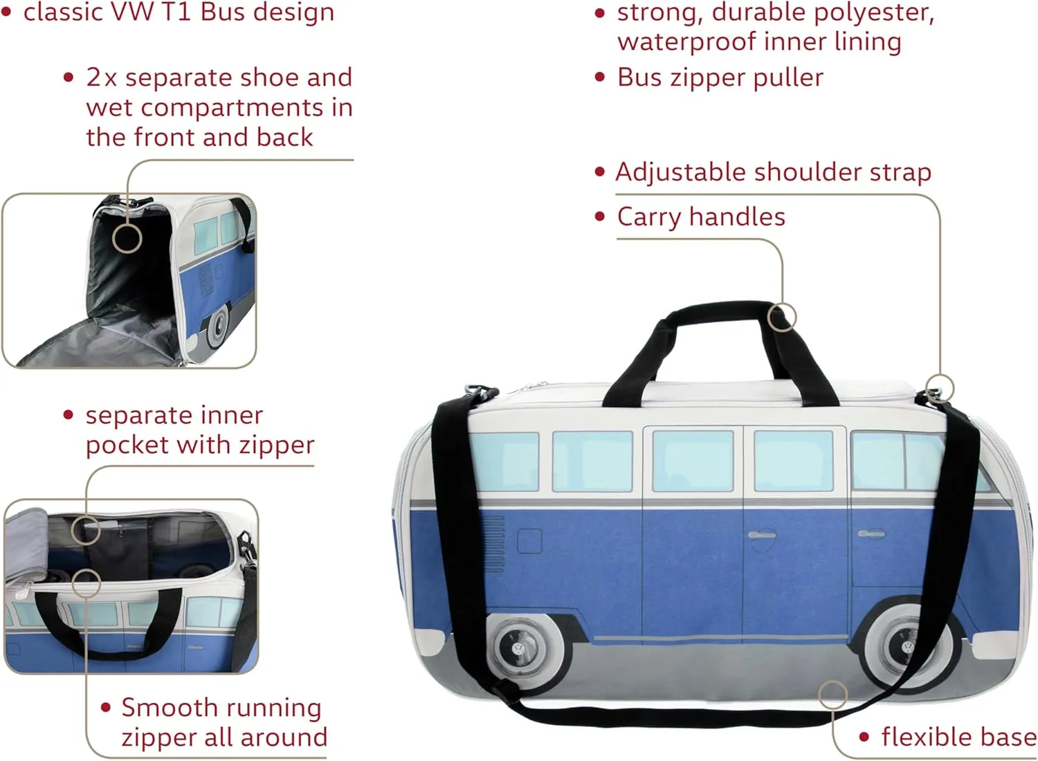 BRISA VW Collection - Volkswagen Samba Bus T1 Camper Van Sport, Gym, Travel Bag, Duffel with Shoe & Wet Compartment