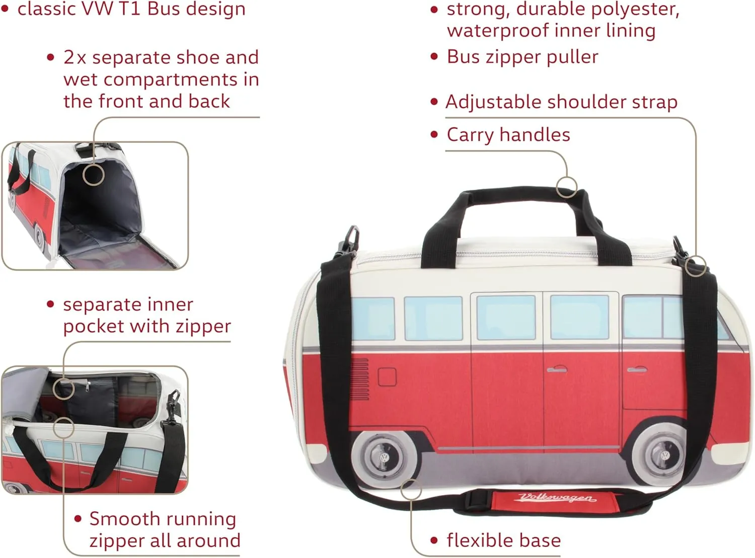BRISA VW Collection - Volkswagen Samba Bus T1 Camper Van Sport, Gym, Travel Bag, Duffel with Shoe & Wet Compartment