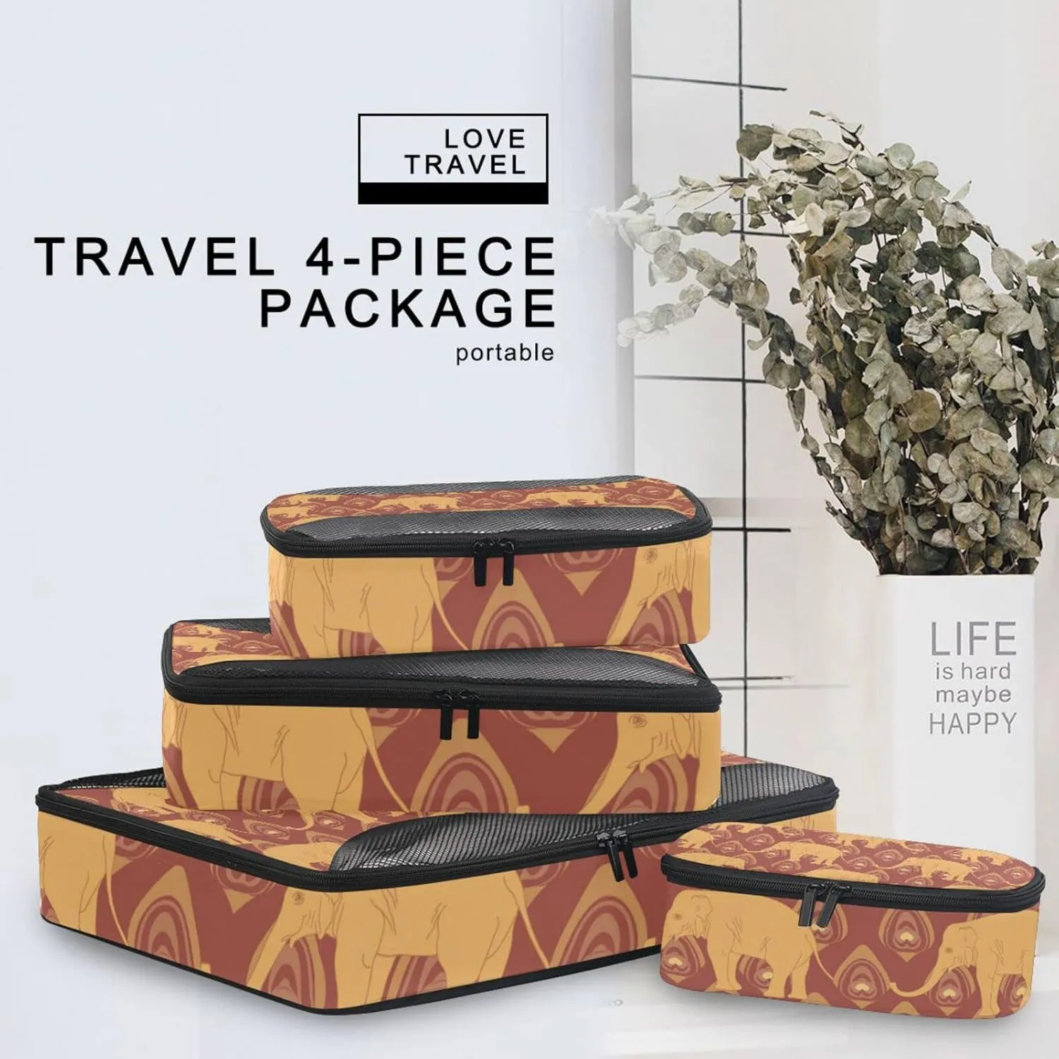 Brown Ochre Monochrome Tribal Indian Elephant Peacock Feather 4 Set Packing Cubes, Travel Packing Organizers, 600D Oxford Cloth Toiletry Storage Bag, Luggage Mesh Bags for Accessories
