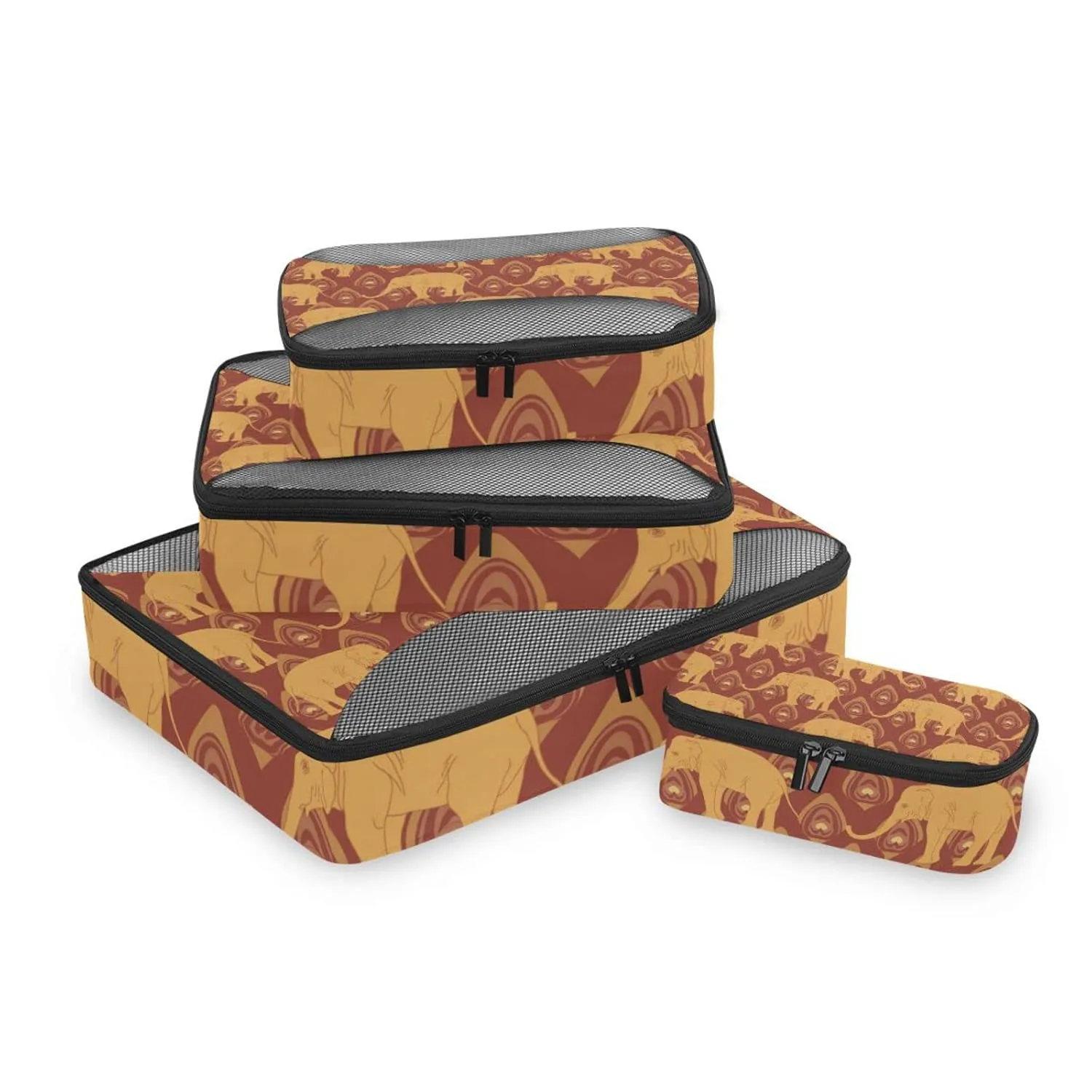 Brown Ochre Monochrome Tribal Indian Elephant Peacock Feather 4 Set Packing Cubes, Travel Packing Organizers, 600D Oxford Cloth Toiletry Storage Bag, Luggage Mesh Bags for Accessories