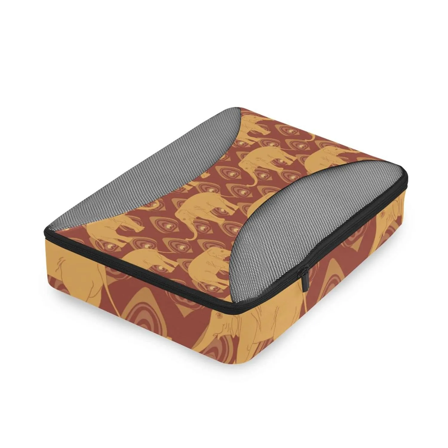 Brown Ochre Monochrome Tribal Indian Elephant Peacock Feather 4 Set Packing Cubes, Travel Packing Organizers, 600D Oxford Cloth Toiletry Storage Bag, Luggage Mesh Bags for Accessories