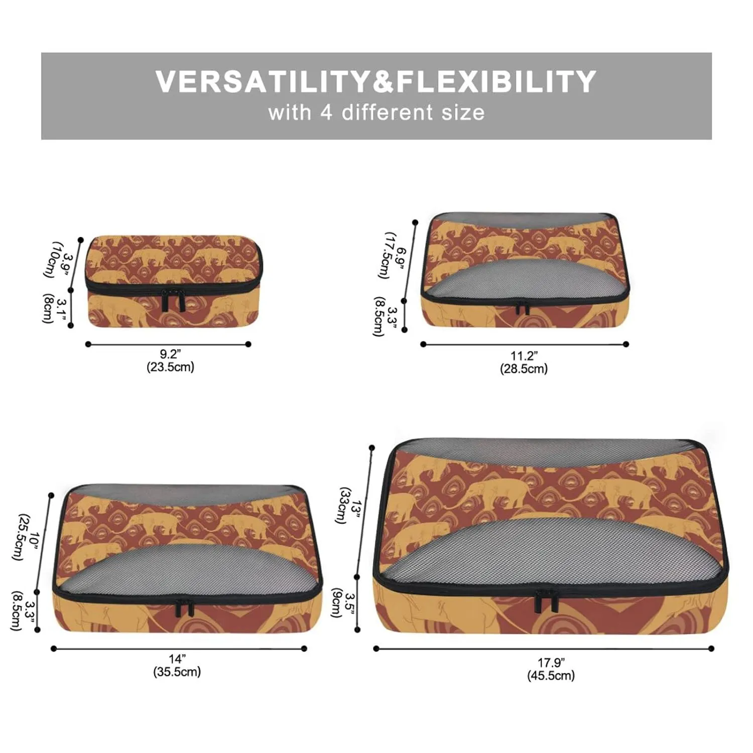 Brown Ochre Monochrome Tribal Indian Elephant Peacock Feather 4 Set Packing Cubes, Travel Packing Organizers, 600D Oxford Cloth Toiletry Storage Bag, Luggage Mesh Bags for Accessories