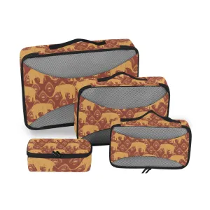 Brown Ochre Monochrome Tribal Indian Elephant Peacock Feather 4 Set Packing Cubes, Travel Packing Organizers, 600D Oxford Cloth Toiletry Storage Bag, Luggage Mesh Bags for Accessories