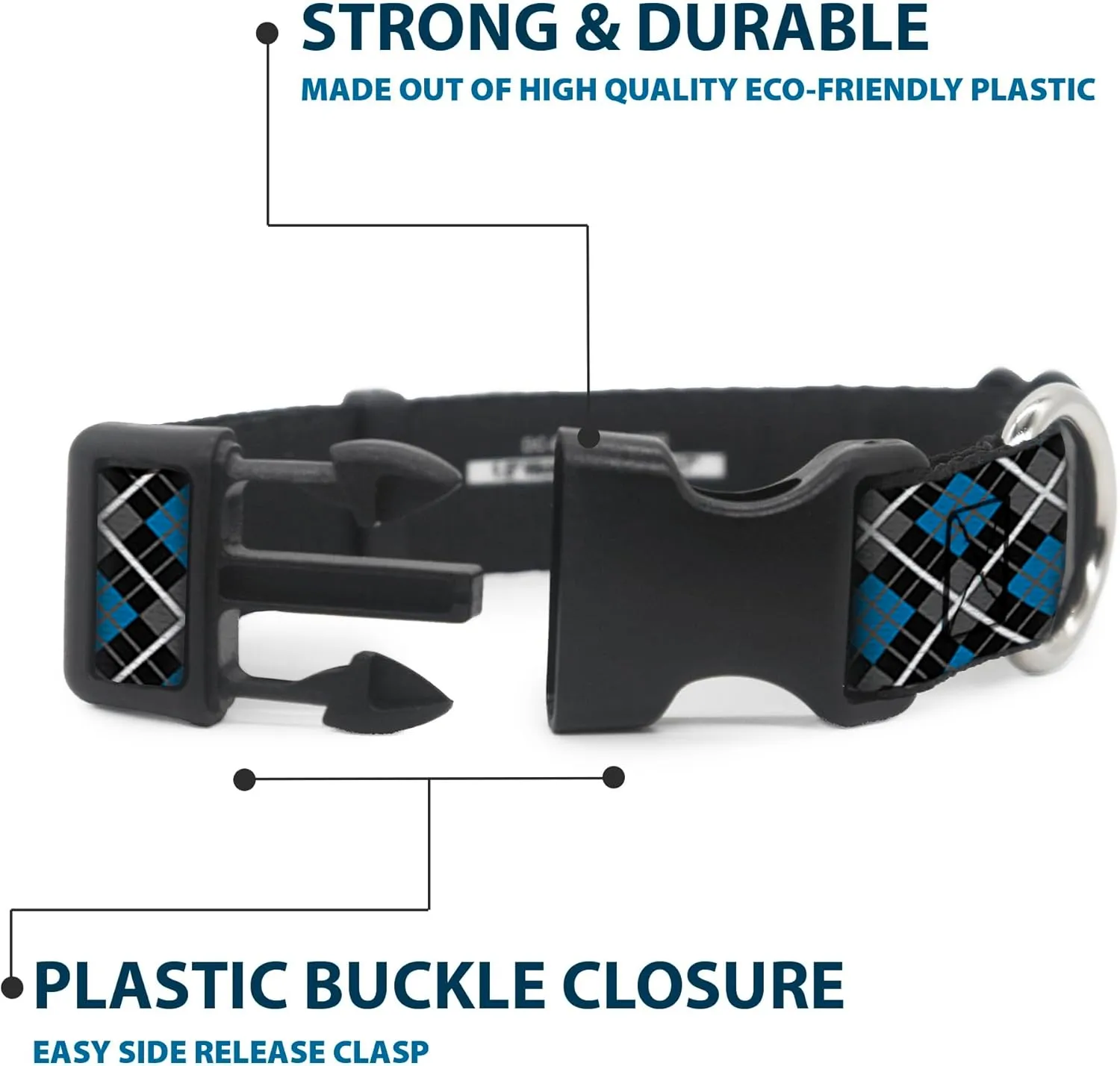 Buckle-Down Plastic Clip Collar - Argyle Black/Gray/Turquoise - 1" Wide - Fits 11-17" Neck - Medium