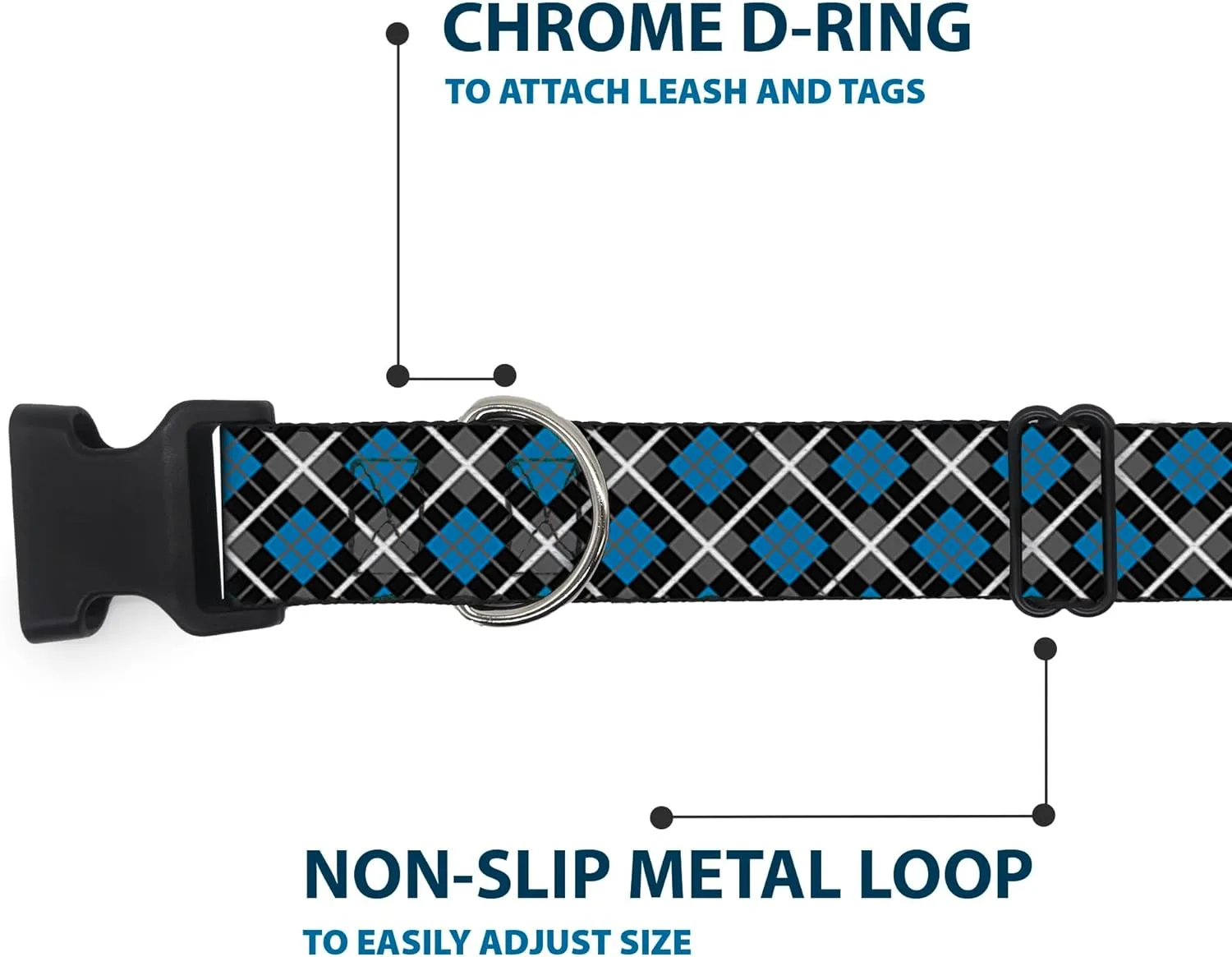 Buckle-Down Plastic Clip Collar - Argyle Black/Gray/Turquoise - 1" Wide - Fits 11-17" Neck - Medium