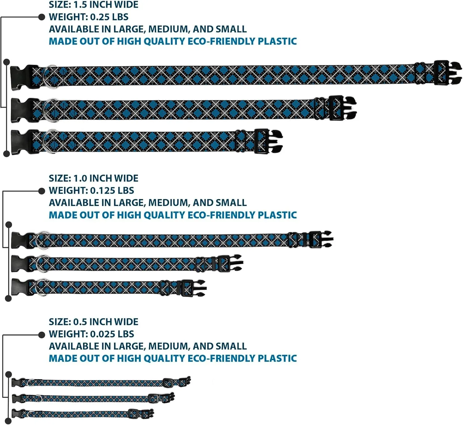 Buckle-Down Plastic Clip Collar - Argyle Black/Gray/Turquoise - 1" Wide - Fits 11-17" Neck - Medium