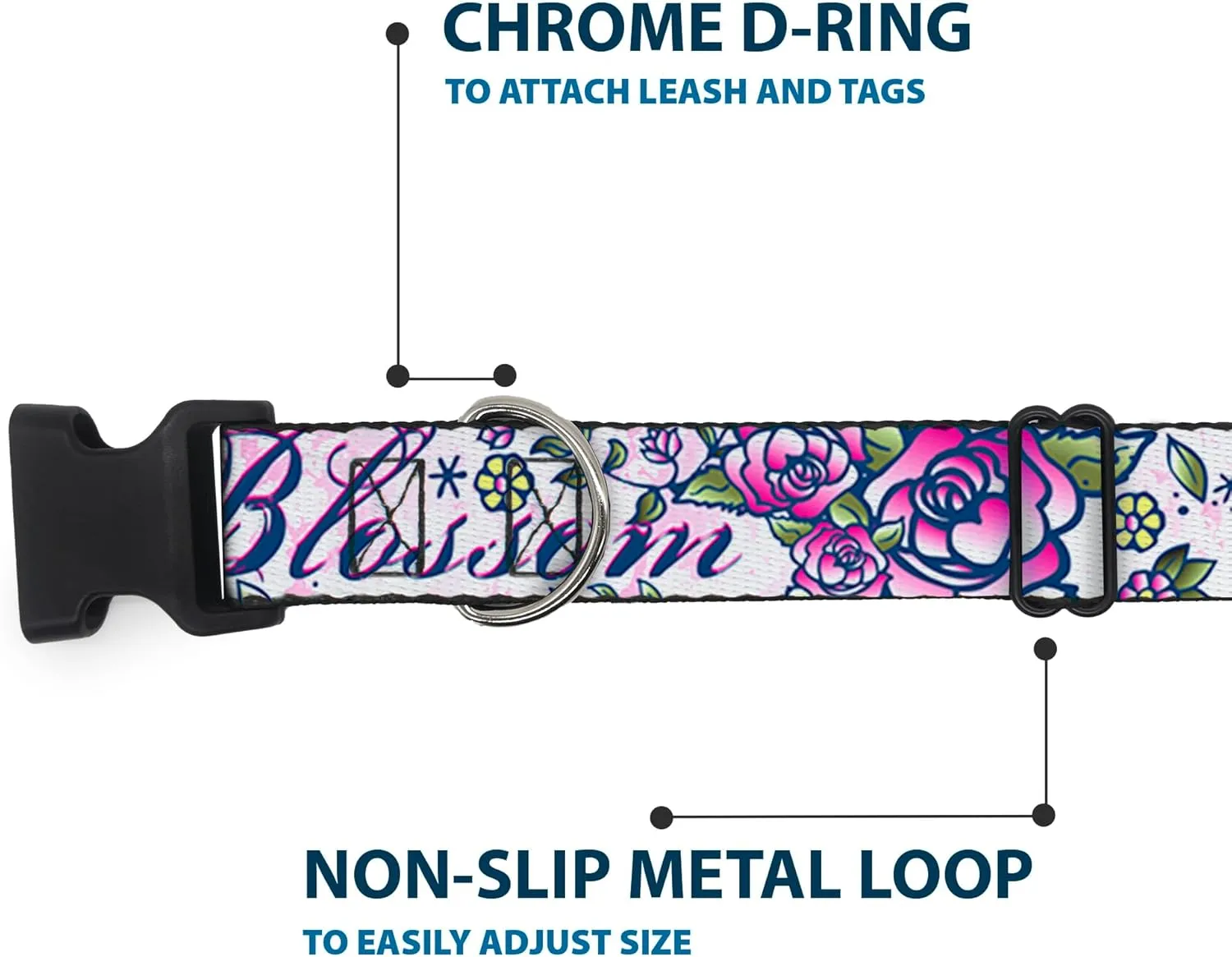 Buckle-Down Plastic Clip Collar - Born to Blossom Blue - 1" Wide - Fits 11-17" Neck - Medium