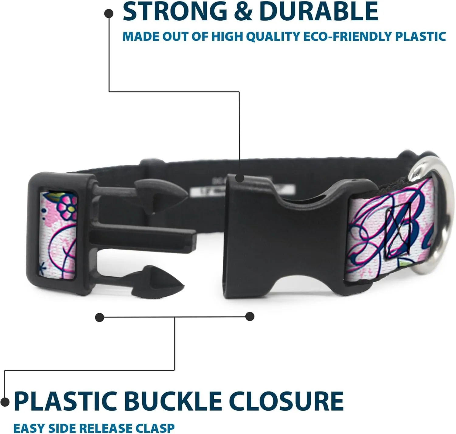 Buckle-Down Plastic Clip Collar - Born to Blossom Blue - 1" Wide - Fits 11-17" Neck - Medium