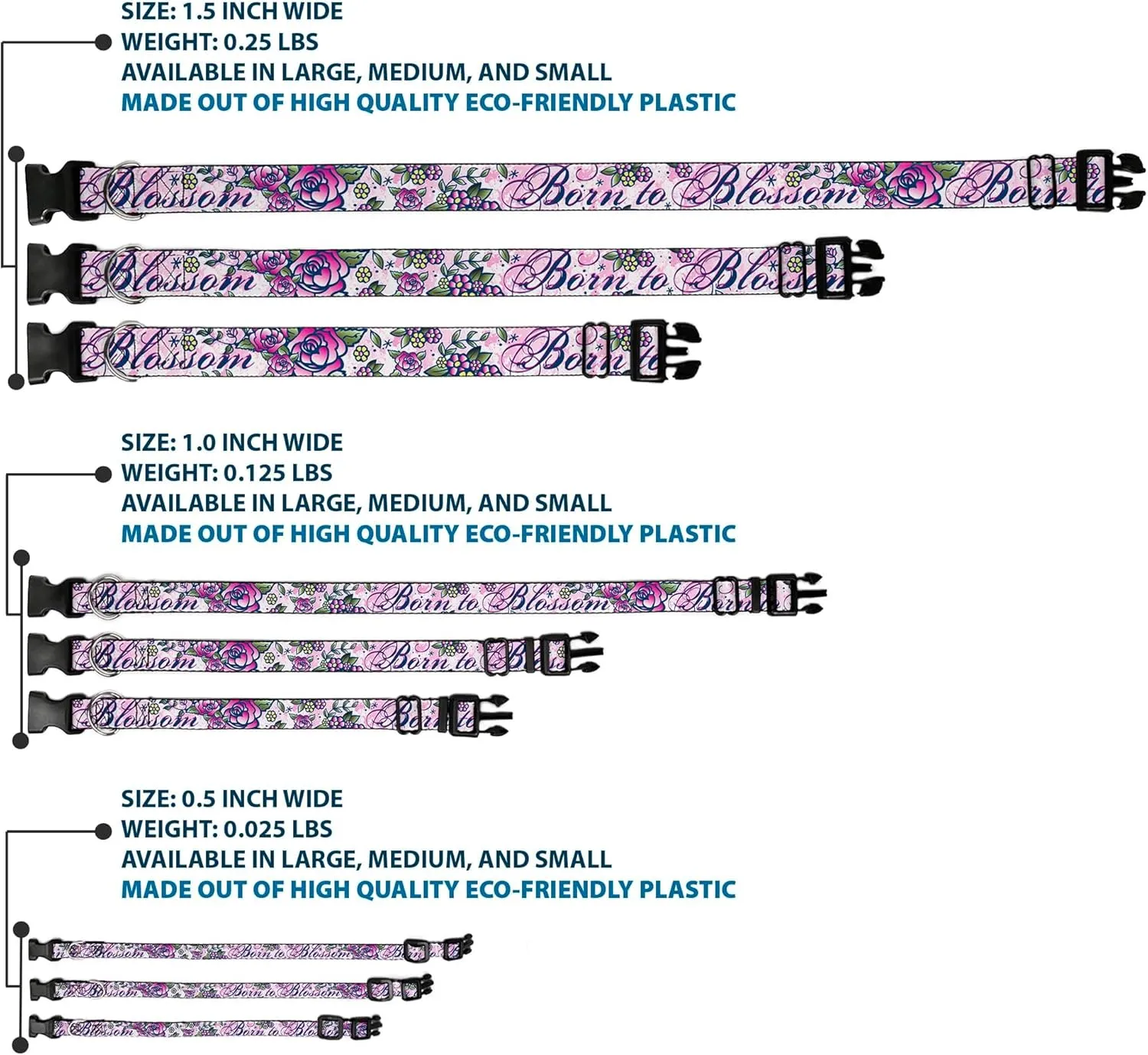 Buckle-Down Plastic Clip Collar - Born to Blossom Blue - 1" Wide - Fits 11-17" Neck - Medium