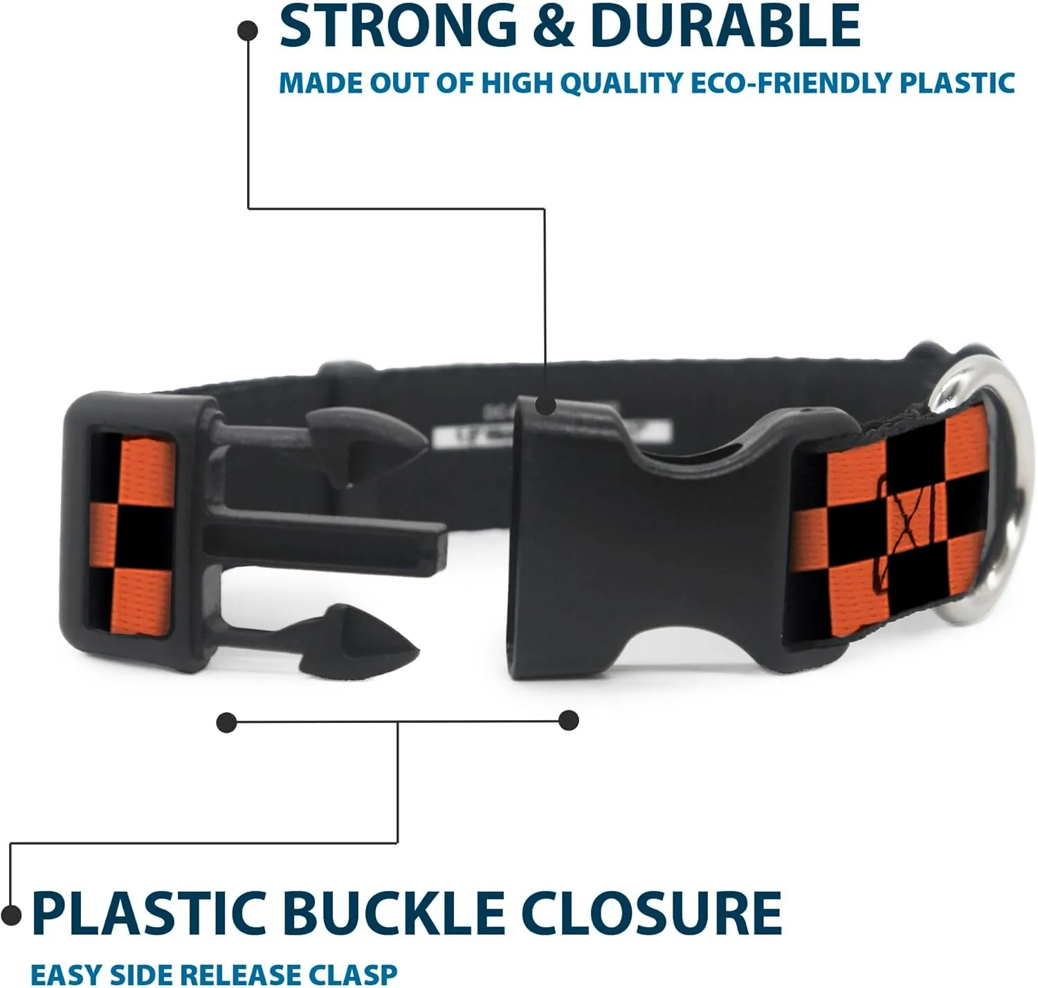 Buckle-Down Plastic Clip Collar - Checker Black/Orange - 1" Wide - Fits 11-17" Neck - Medium