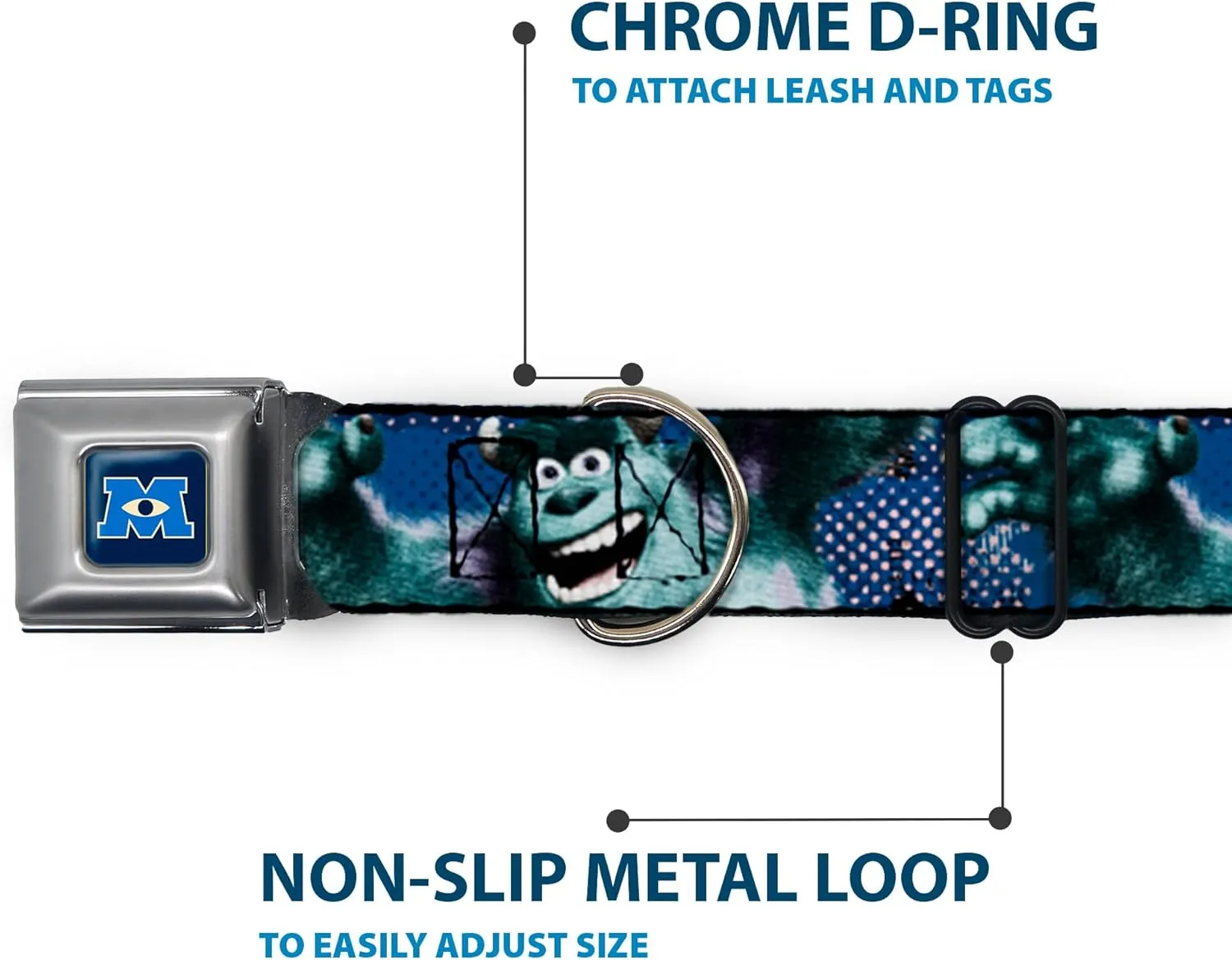 Buckle-Down Seatbelt Buckle Dog Collar - Sulley Scare Pose/Dots Blues/White - 1.5" Wide - Fits 16-23" Neck - Medium