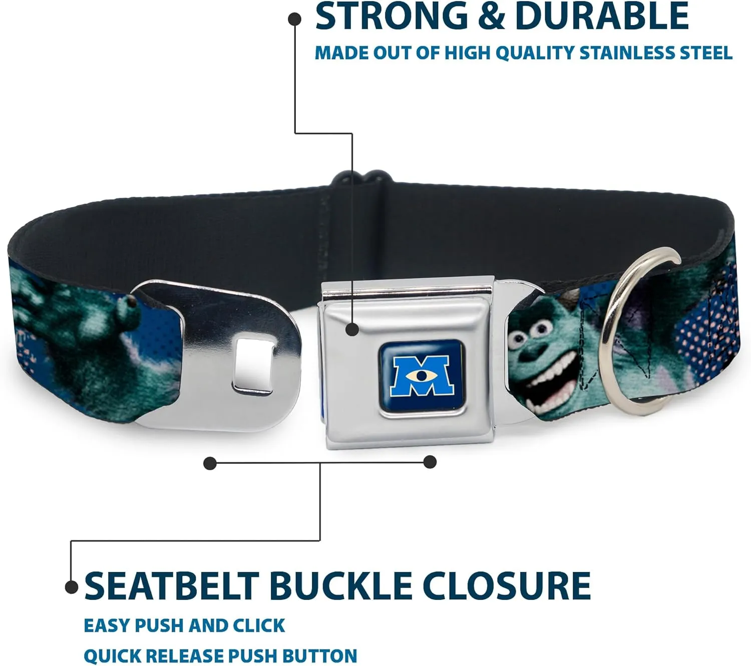 Buckle-Down Seatbelt Buckle Dog Collar - Sulley Scare Pose/Dots Blues/White - 1.5" Wide - Fits 16-23" Neck - Medium