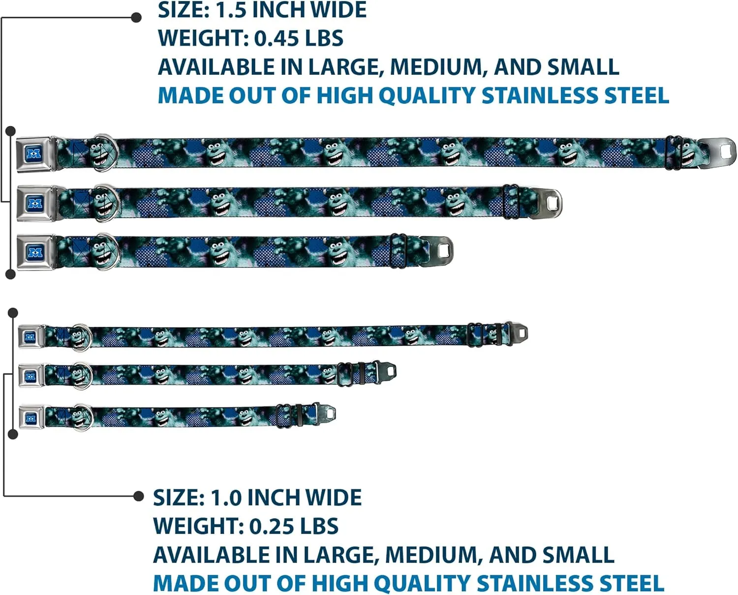 Buckle-Down Seatbelt Buckle Dog Collar - Sulley Scare Pose/Dots Blues/White - 1.5" Wide - Fits 16-23" Neck - Medium