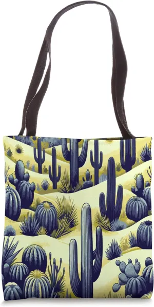 Cactus Desert Scene Nature Landscape in Blue and Yellow Hues Tote Bag