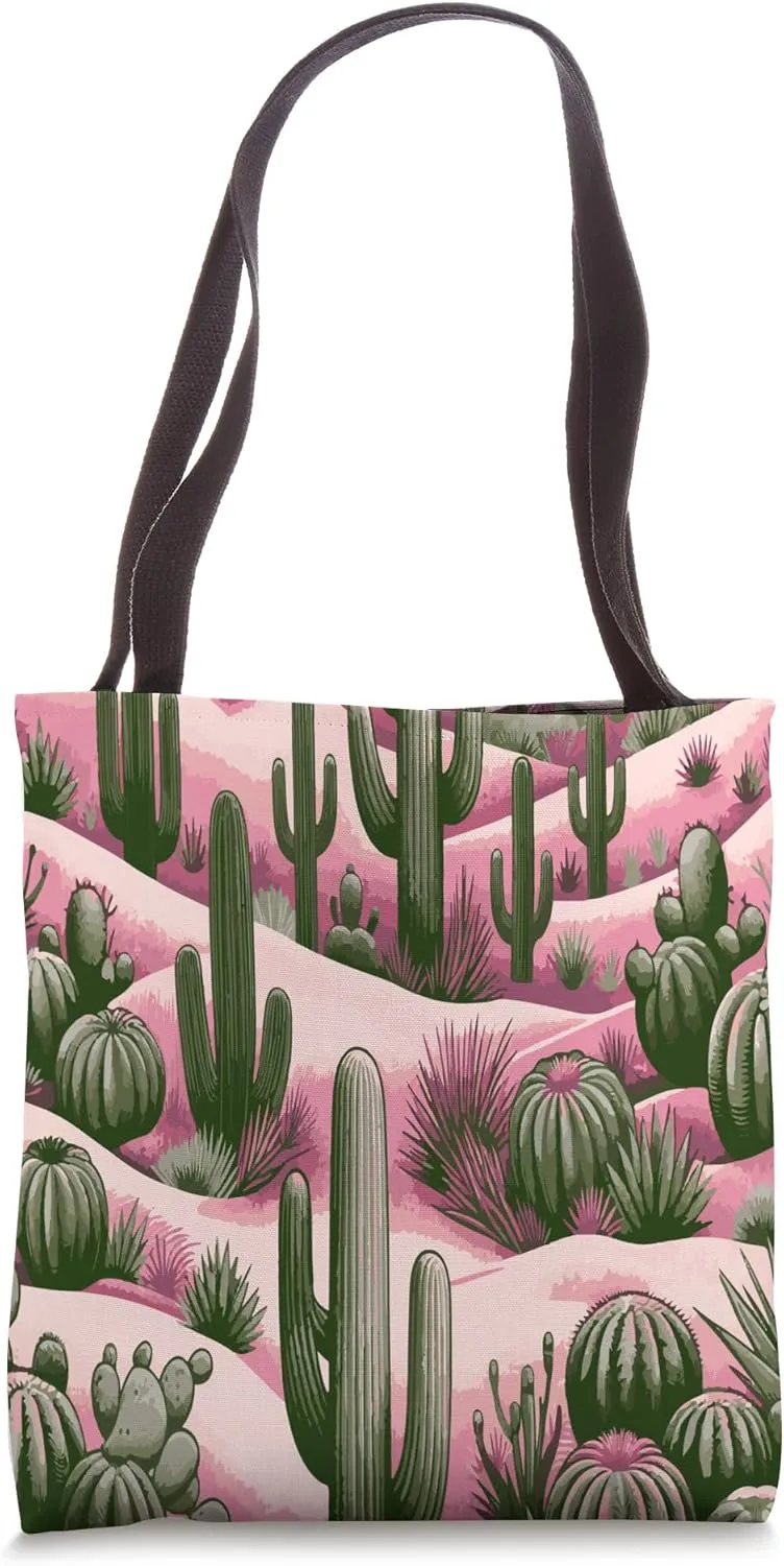 Cactus Desert Scene Nature Landscape in Pink and Green Hues Tote Bag