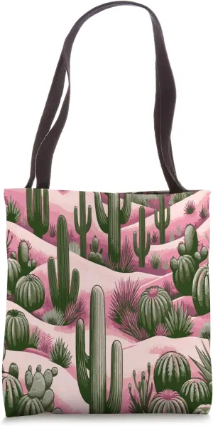 Cactus Desert Scene Nature Landscape in Pink and Green Hues Tote Bag