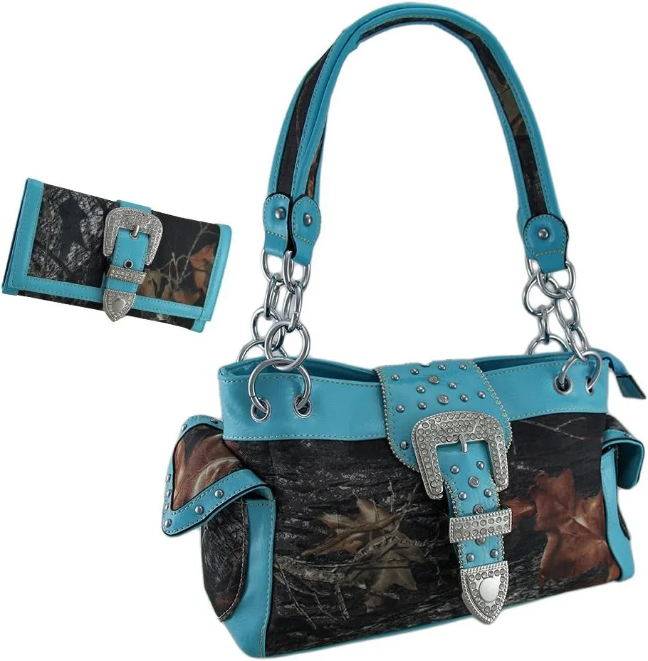Camouflage Rhinestone Western Buckle Purse/Wallet Set (Turquoise)