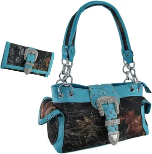 Camouflage Rhinestone Western Buckle Purse/Wallet Set (Turquoise)