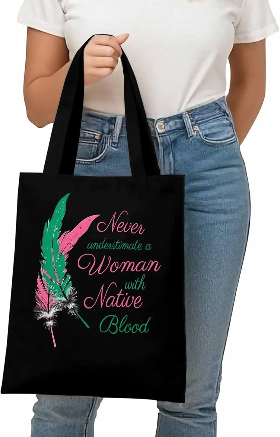Canvas Tote Bag Feather Praise Letter Reusable Grocery Shopping Bags with Handle, Animal Feathers Large Canvas