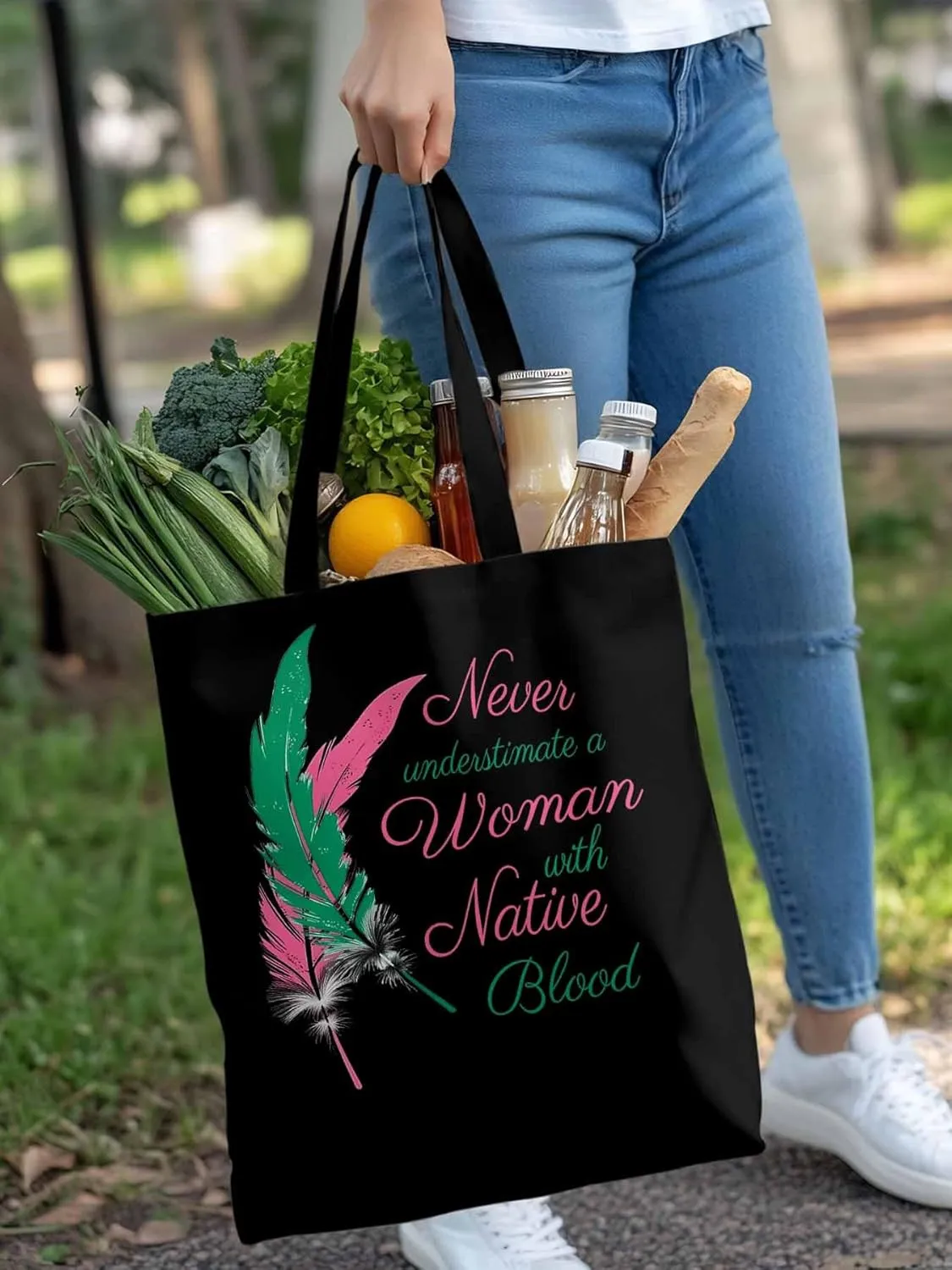 Canvas Tote Bag Feather Praise Letter Reusable Grocery Shopping Bags with Handle, Animal Feathers Large Canvas