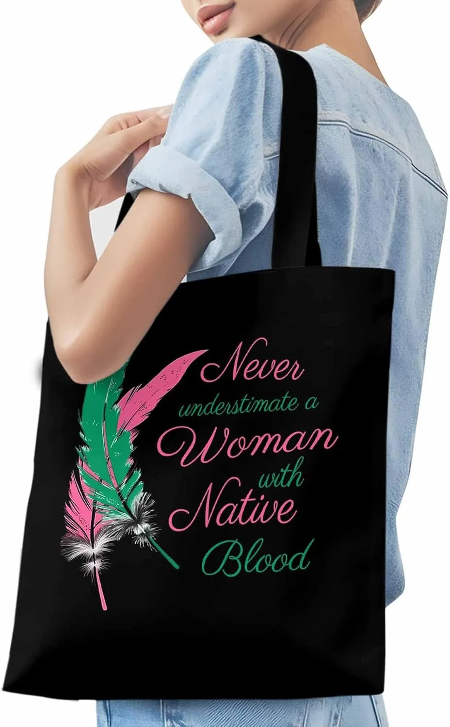 Canvas Tote Bag Feather Praise Letter Reusable Grocery Shopping Bags with Handle, Animal Feathers Large Canvas