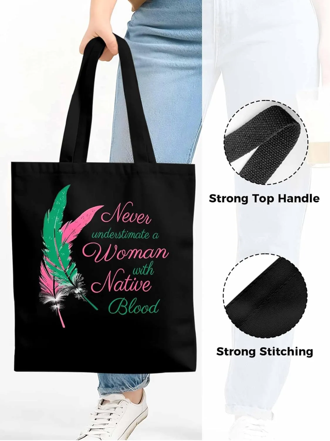 Canvas Tote Bag Feather Praise Letter Reusable Grocery Shopping Bags with Handle, Animal Feathers Large Canvas