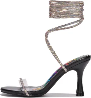 Cape Robbin Women's Strappy Heeled Sandals - Lace-Up Stiletto Heels with Rhinestone Embellishment (Lurex)