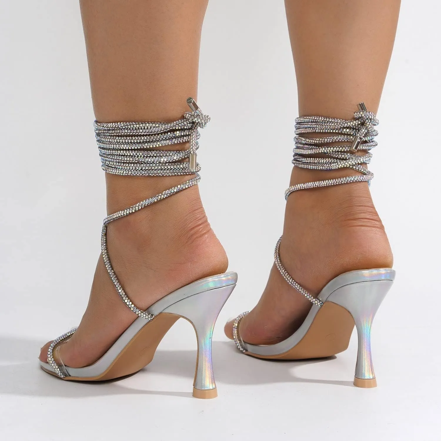 Cape Robbin Women's Strappy Heeled Sandals - Lace-Up Stiletto Heels with Rhinestone Embellishment (Lurex)