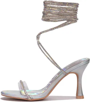 Cape Robbin Women's Strappy Heeled Sandals - Lace-Up Stiletto Heels with Rhinestone Embellishment (Lurex)
