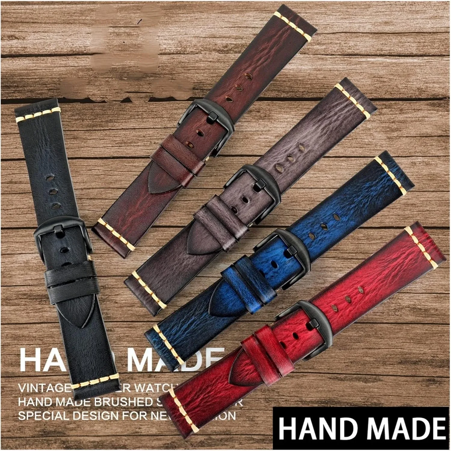 CAREG Handmade Watch Band 20mm 22mm Cow Leather Watch Strap Vintage Watchband With Stainless Steel Buckle Compatible With Panerai Fossil Durable