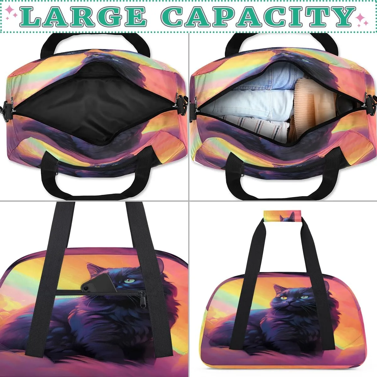 Cat and Feather Kids Overnighter Duffel Bags for Boys, Carry-On Size Sports Gym Bag with Front Zipper Pocket for School Practice or Overnight Travel Weekender Sleepover Tote Bag