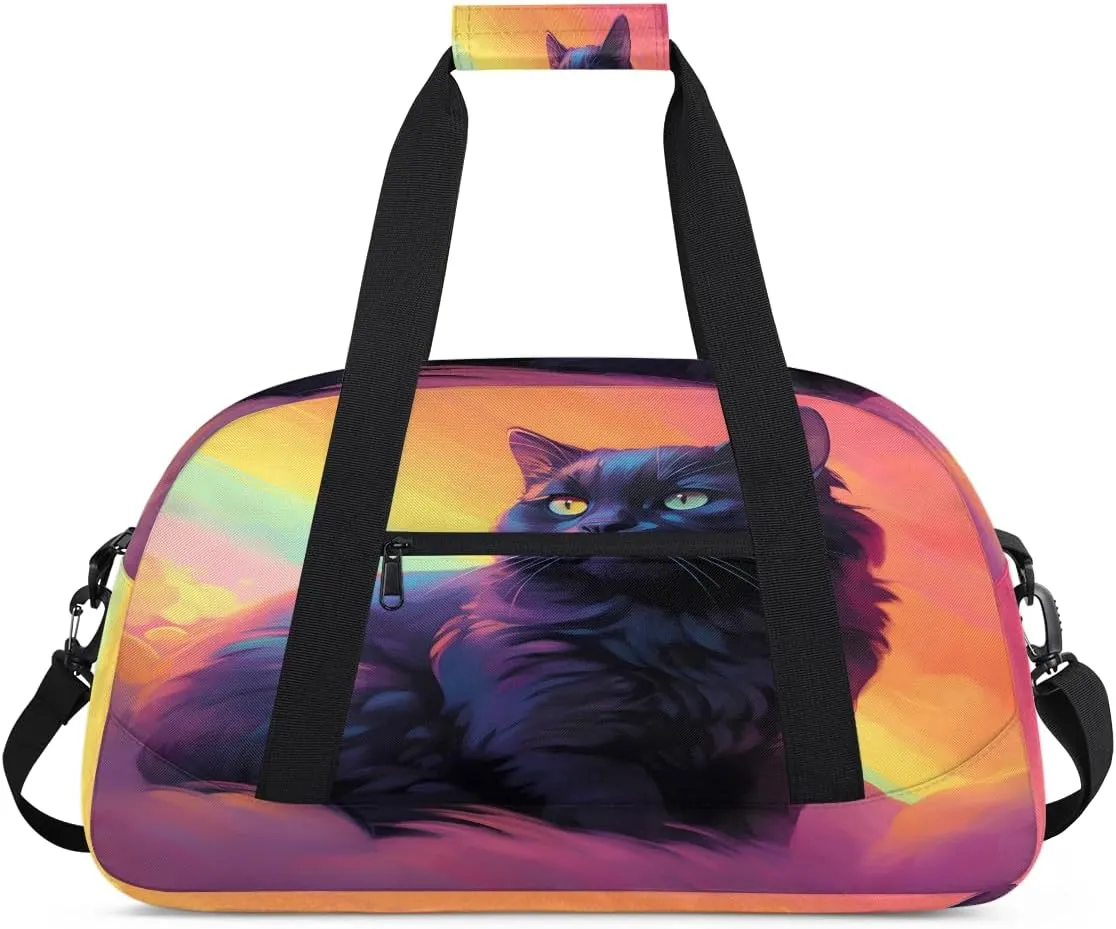 Cat and Feather Kids Overnighter Duffel Bags for Boys, Carry-On Size Sports Gym Bag with Front Zipper Pocket for School Practice or Overnight Travel Weekender Sleepover Tote Bag
