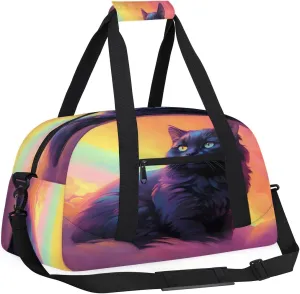 Cat and Feather Kids Overnighter Duffel Bags for Boys, Carry-On Size Sports Gym Bag with Front Zipper Pocket for School Practice or Overnight Travel Weekender Sleepover Tote Bag
