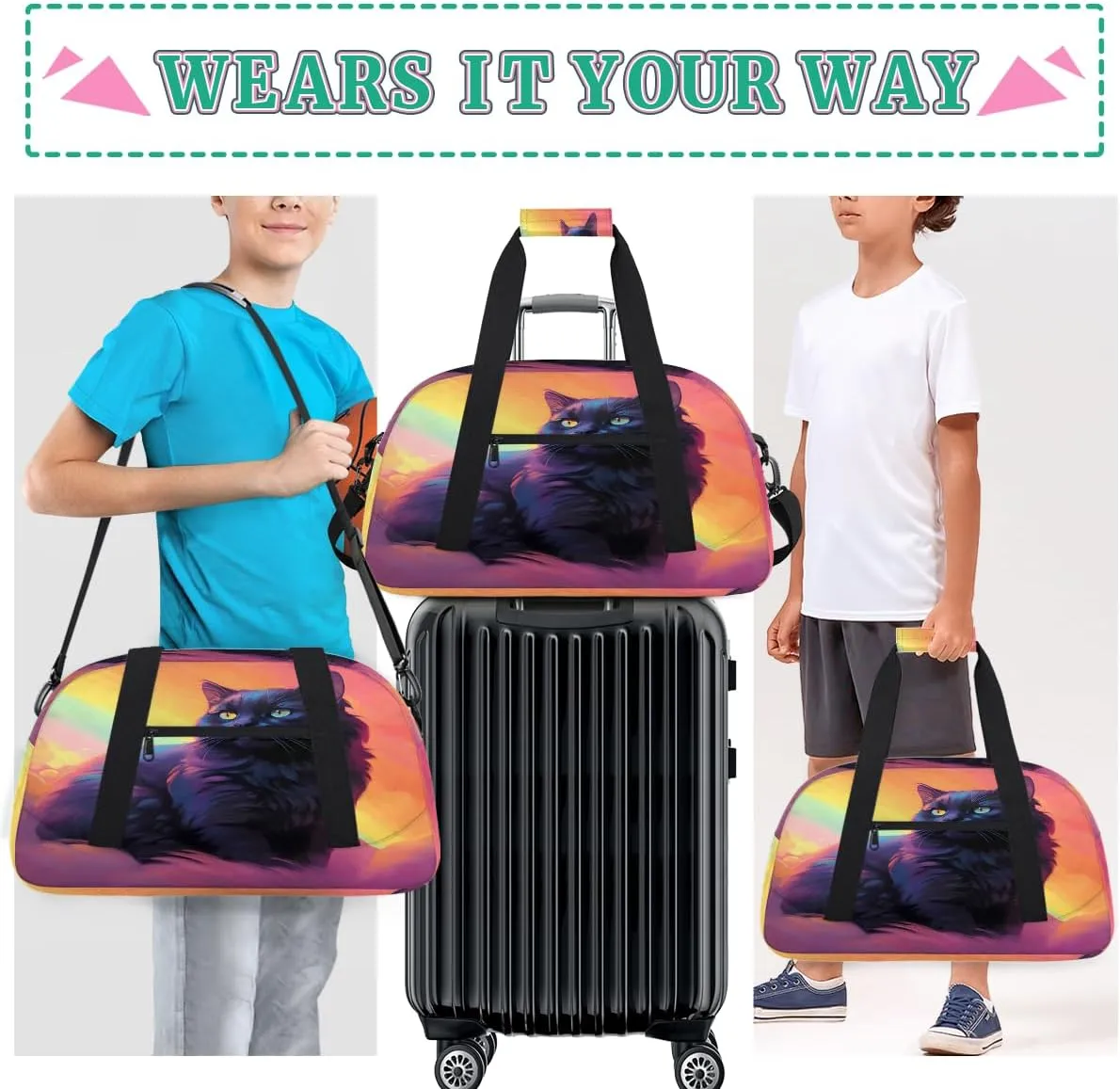 Cat and Feather Kids Overnighter Duffel Bags for Boys, Carry-On Size Sports Gym Bag with Front Zipper Pocket for School Practice or Overnight Travel Weekender Sleepover Tote Bag