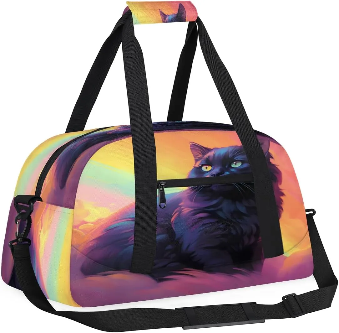 Cat and Feather Kids Overnighter Duffel Bags for Boys, Carry-On Size Sports Gym Bag with Front Zipper Pocket for School Practice or Overnight Travel Weekender Sleepover Tote Bag