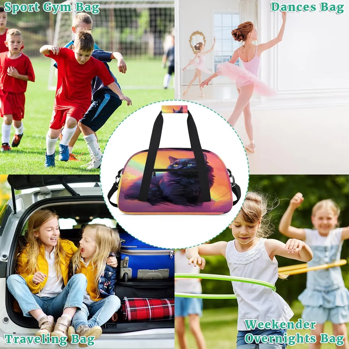 Cat and Feather Kids Overnighter Duffel Bags for Boys, Carry-On Size Sports Gym Bag with Front Zipper Pocket for School Practice or Overnight Travel Weekender Sleepover Tote Bag