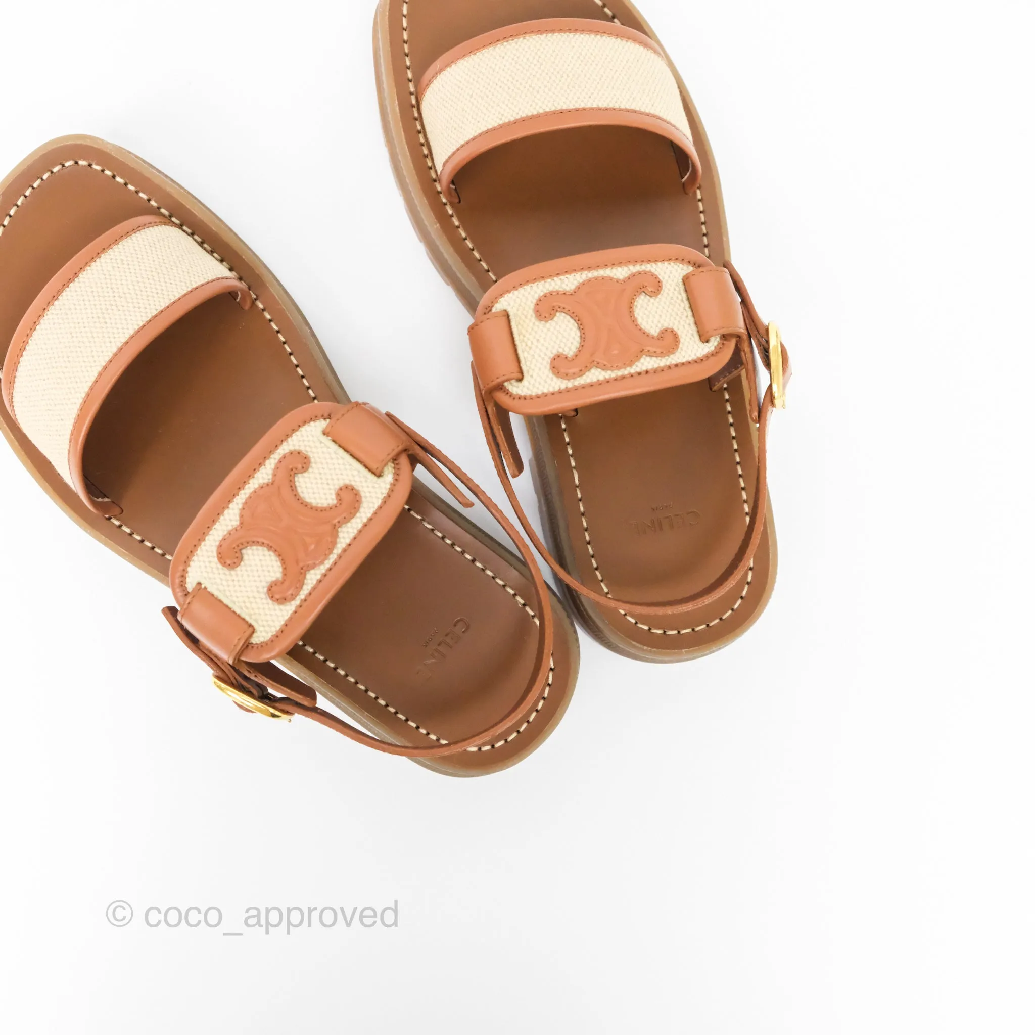 Celine Clea Triomphe Sandals Calfskin Vegetal Tanning & Canvas Size 36