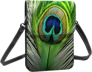 Cell Phone Purse Wallet Crossbody Bag Soft Leather Mobile Phone Wallet for women Green Peacock Feather Print