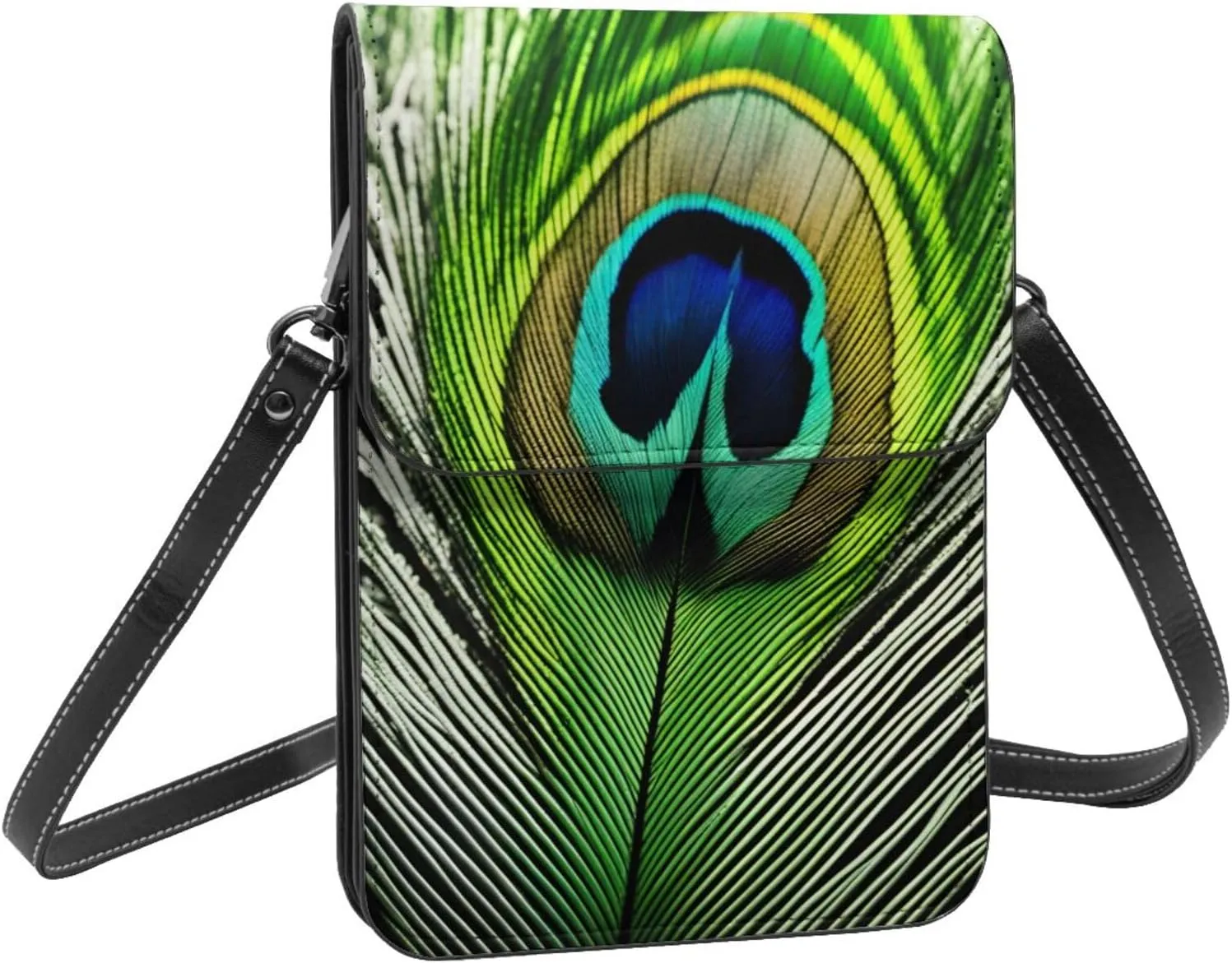 Cell Phone Purse Wallet Crossbody Bag Soft Leather Mobile Phone Wallet for women Green Peacock Feather Print