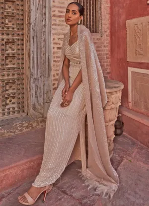 Champagne Embellished Silk Lehenga With Cape Dupatta