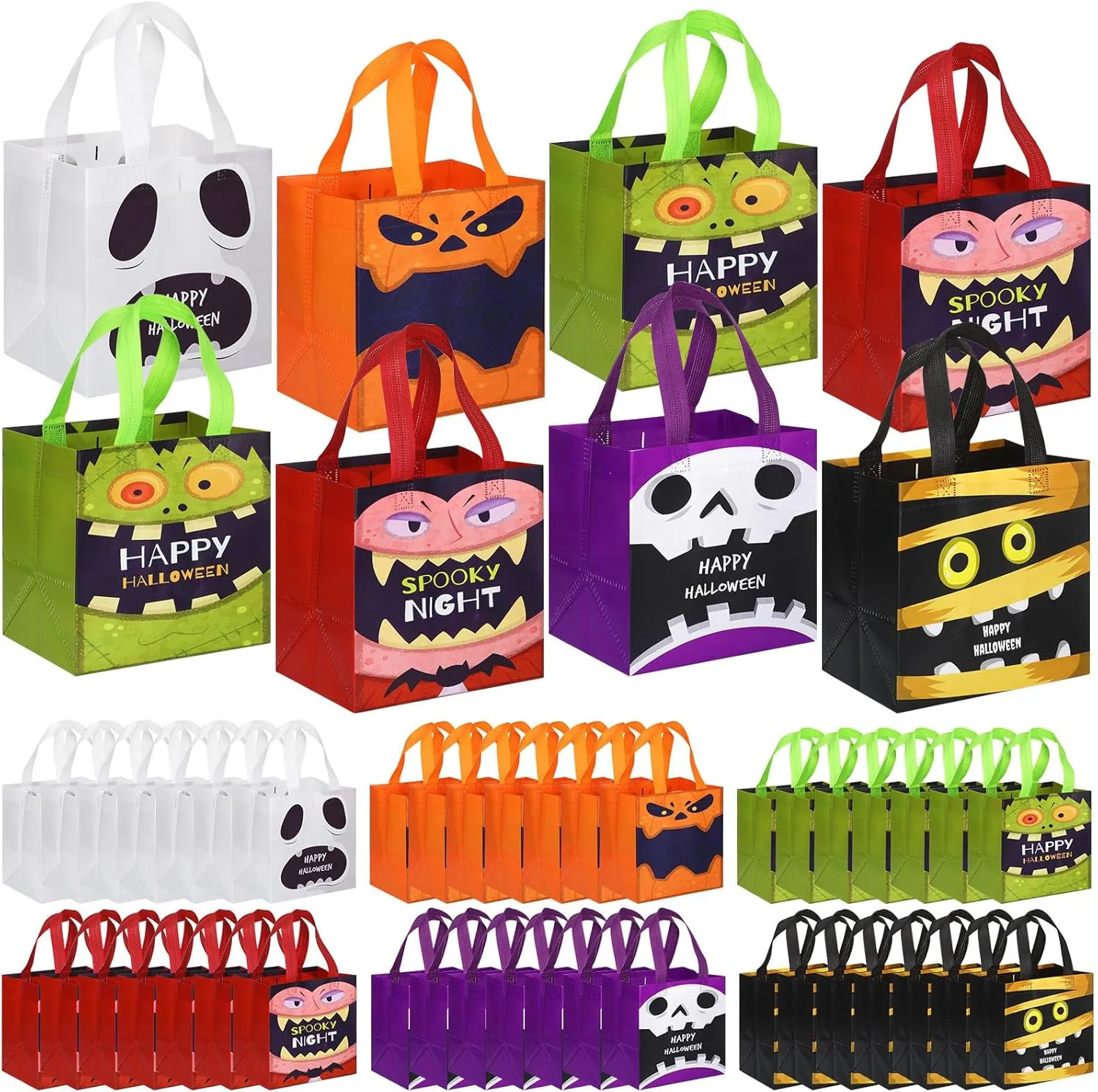 Chapou 120 Pcs Halloween Tote Bags Bulk Treat Gift Candy Goodie Bags with Handles Multifunctional Non Woven for Halloween Party Give Away