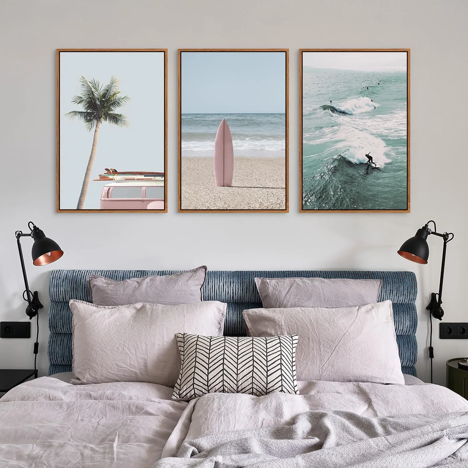 CHDITB Beach Framed Canvas Wall Art Set, Palm Tree Surfboard Seascape Wall Decor, Ocean Surfing Wall Painting, Coastal Art Print for Living Room, Bedroom, Dining Room, Bathroom - Large Size 16"x24"x3