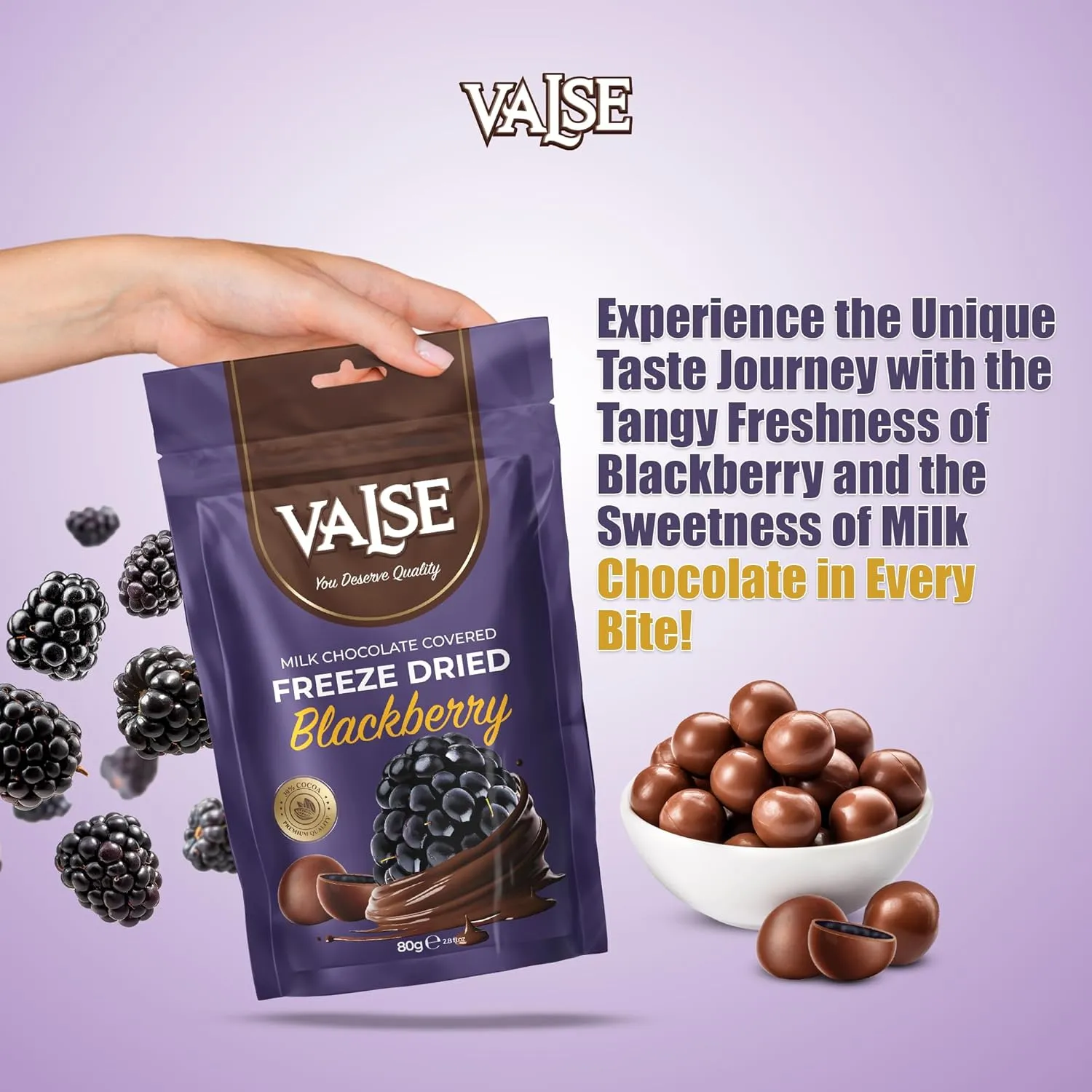 Chocolate Covered Blackberries, Milk Chocolate Covered Freeze Dried Blackberries, 2.8 oz Chocolate Covered Fruit, Chocolate Dipped Blackberries (Mini, Blackberry)