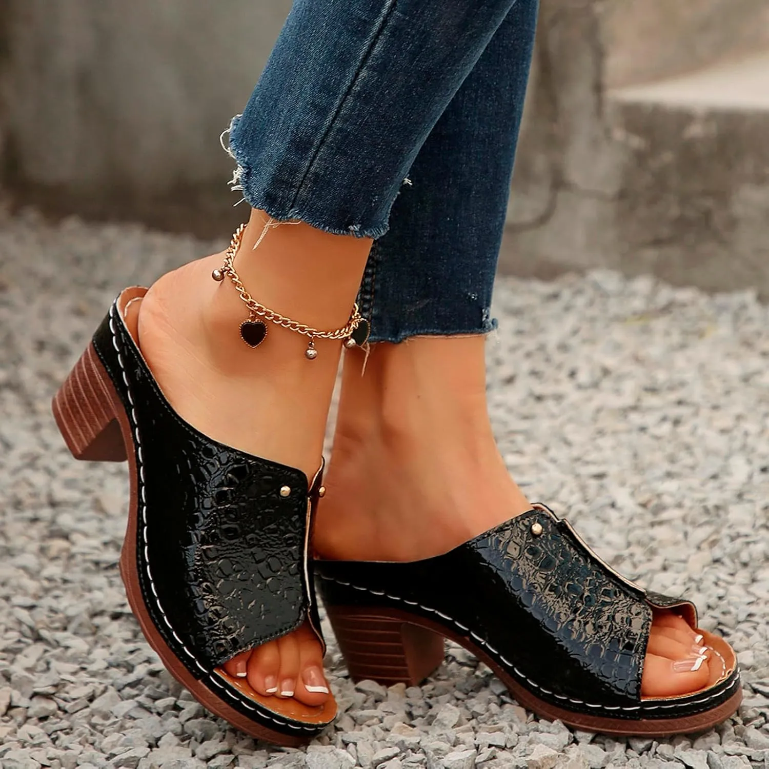 Chunky Heels for Women Wedge Siides Sandals Platform Open Toe Heels Slippers Slip on Elastic Band Wedges Shoes