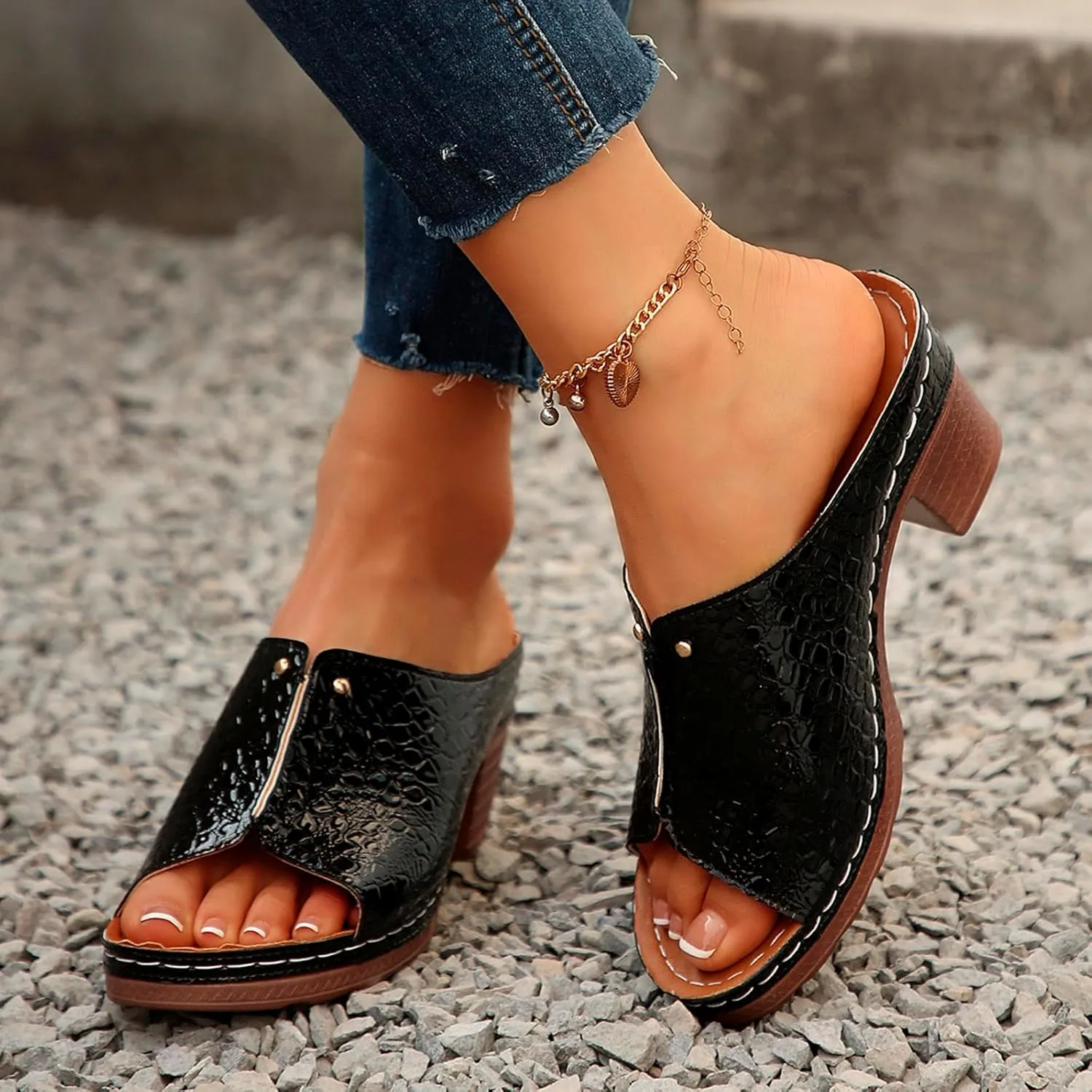 Chunky Heels for Women Wedge Siides Sandals Platform Open Toe Heels Slippers Slip on Elastic Band Wedges Shoes