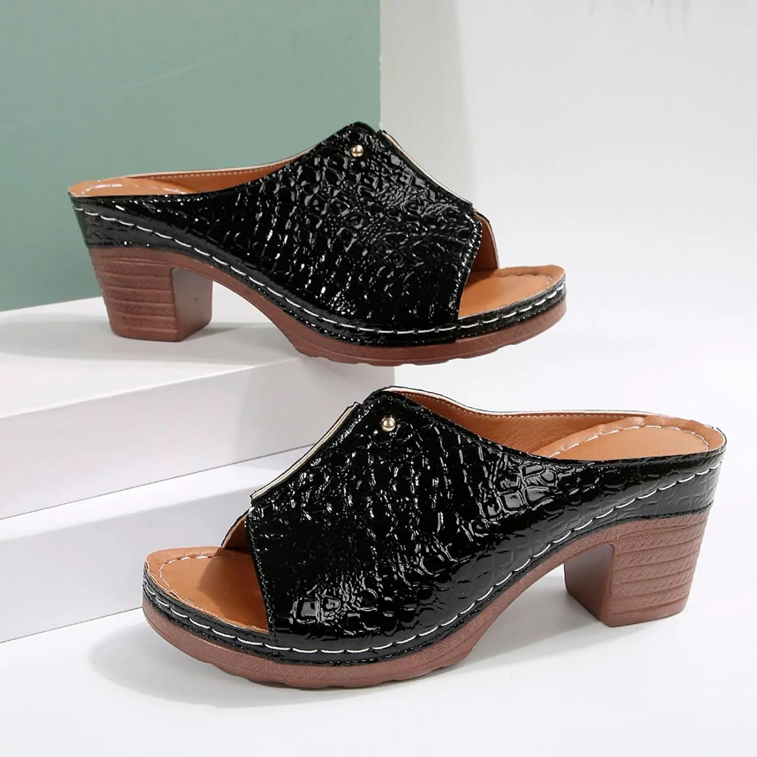 Chunky Heels for Women Wedge Siides Sandals Platform Open Toe Heels Slippers Slip on Elastic Band Wedges Shoes