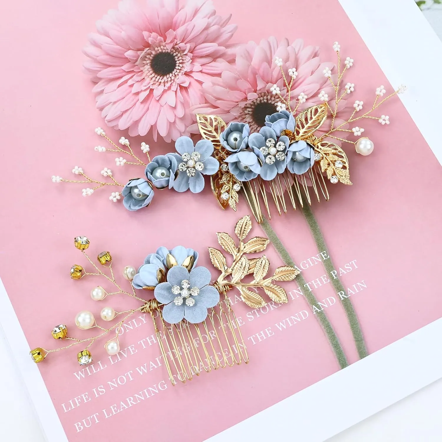 Cinaci 18 Pieces Bridal Wedding Party Prom Pearl Rhinestone Light Blue Flower Hair Side Combs Slides U-shaped Flower Hair Pins Twist Spiral Hairpins Floral Headpieces for Brides Bridesmaids Women Girl