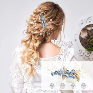 Cinaci 18 Pieces Bridal Wedding Party Prom Pearl Rhinestone Light Blue Flower Hair Side Combs Slides U-shaped Flower Hair Pins Twist Spiral Hairpins Floral Headpieces for Brides Bridesmaids Women Girl